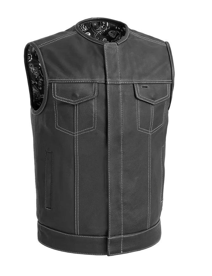 Black leather vest with decorative elements on a white background