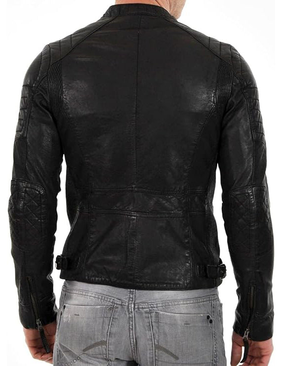 Black leather jacket worn by a person on a white background