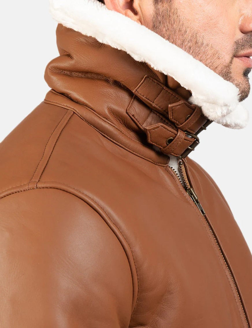 Men’s Brown & White Leather Jacket with Faux Fur