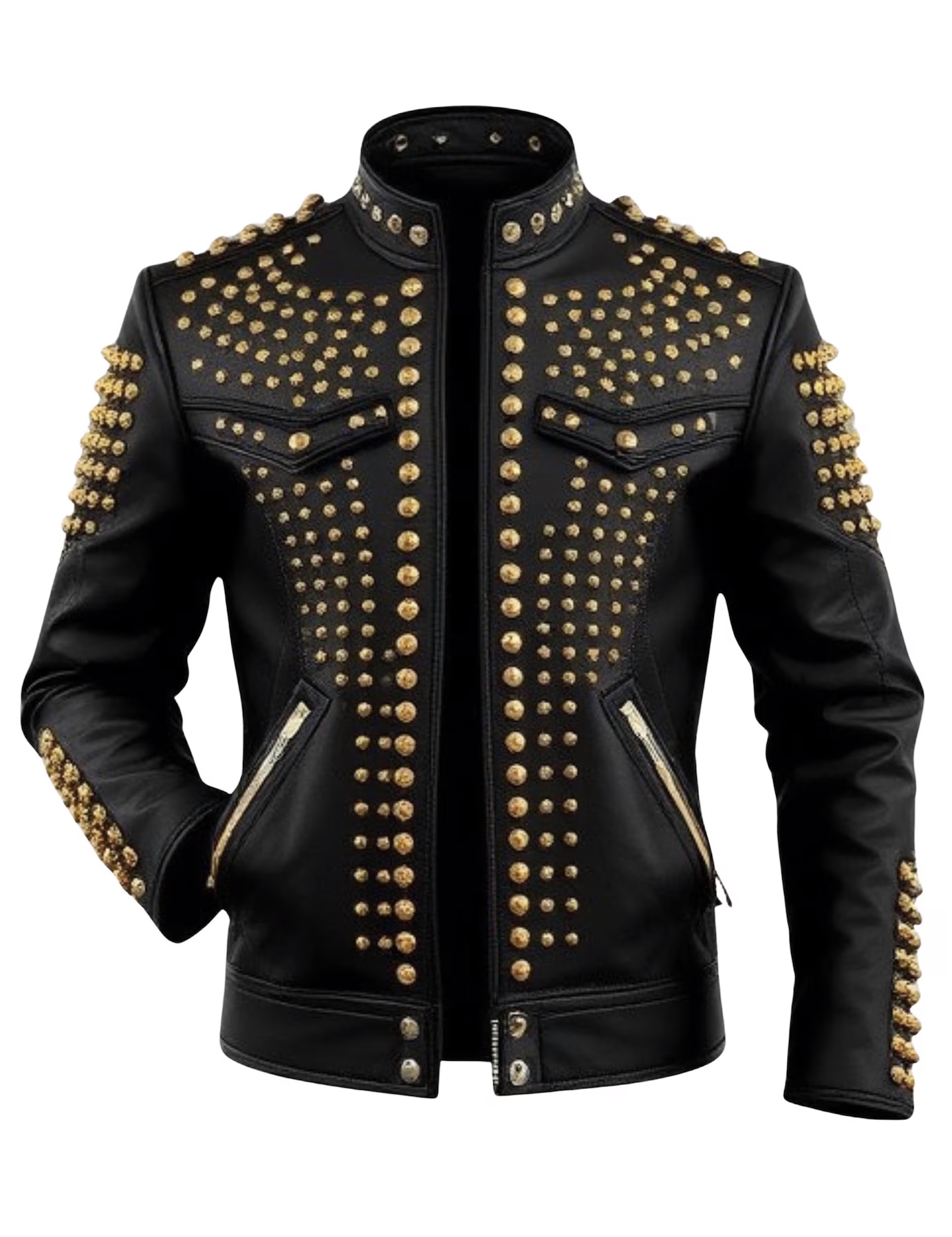 Black leather jacket with gold studs on a white background