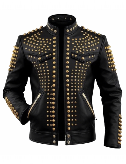 Black leather jacket with gold studs on a white background