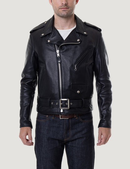 Man wearing a black leather jacket on a white background