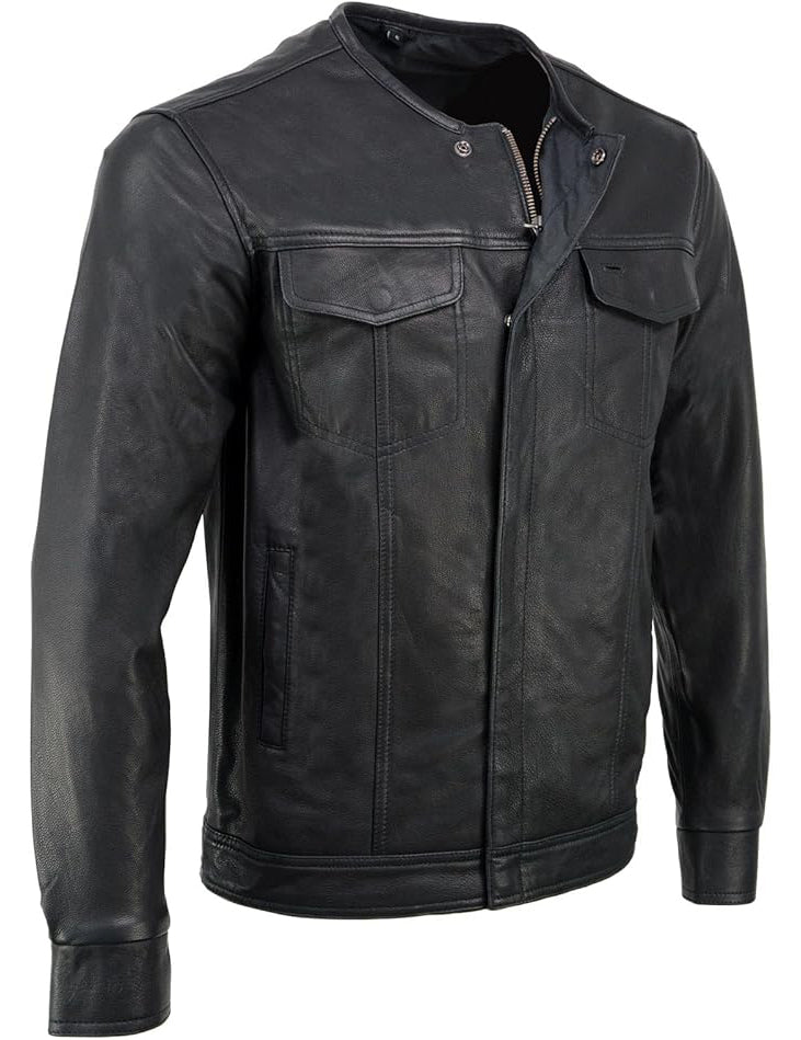 Men’s Black Goat skin Leather Biker Shirt – Collarless Casual Riding Shirt