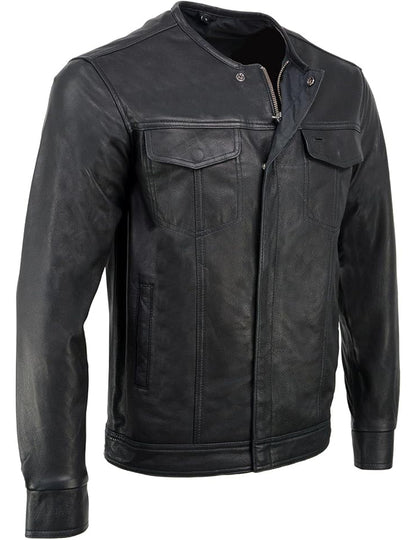 Men’s Black Goat skin Leather Biker Shirt – Collarless Casual Riding Shirt
