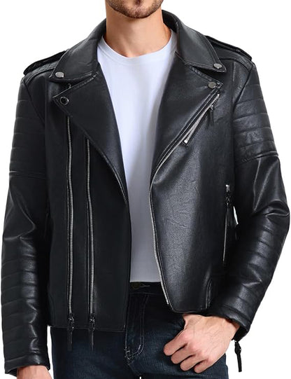 Black leather jacket worn by a person on a white background