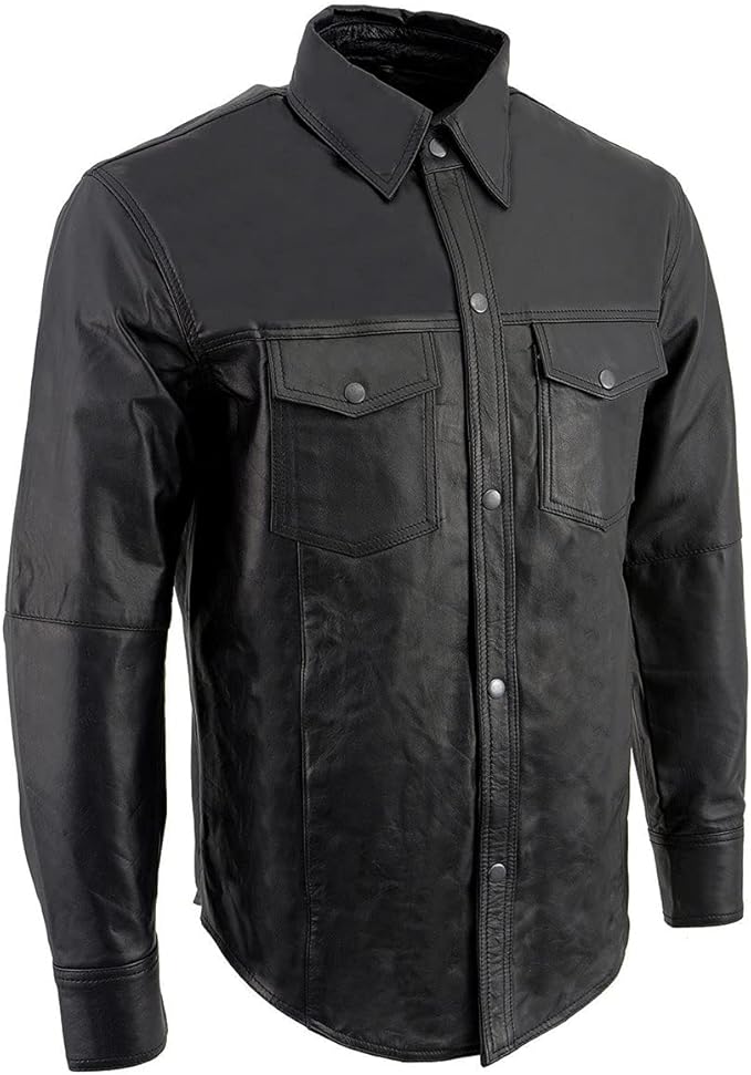Leather Men’s Black Goatskin Biker Shirt – Dual Closure