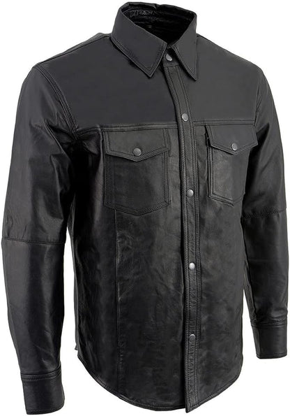 Leather Men’s Black Goatskin Biker Shirt – Dual Closure