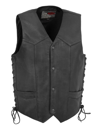Black leather vest with buttons and lace-up sides on a white background
