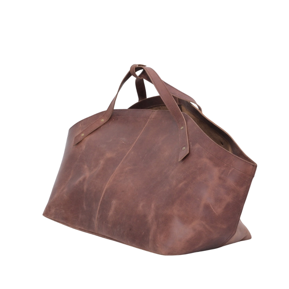 Leather Firewood Log Carrier Bag – Handmade Tote | Wooden Basket Style with Handles