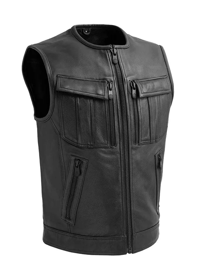 Black leather vest with multiple pockets and zippers on a white background