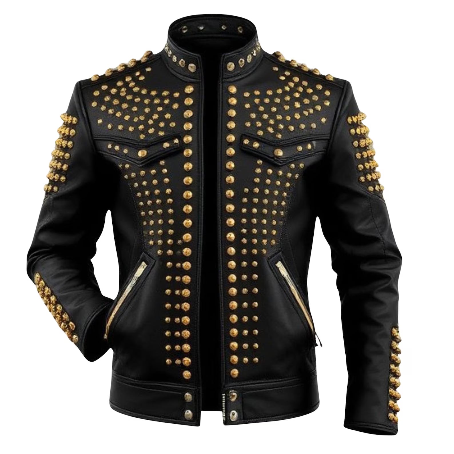 Black leather jacket with gold studs on a white background