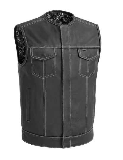 Black leather vest with decorative elements on a white background