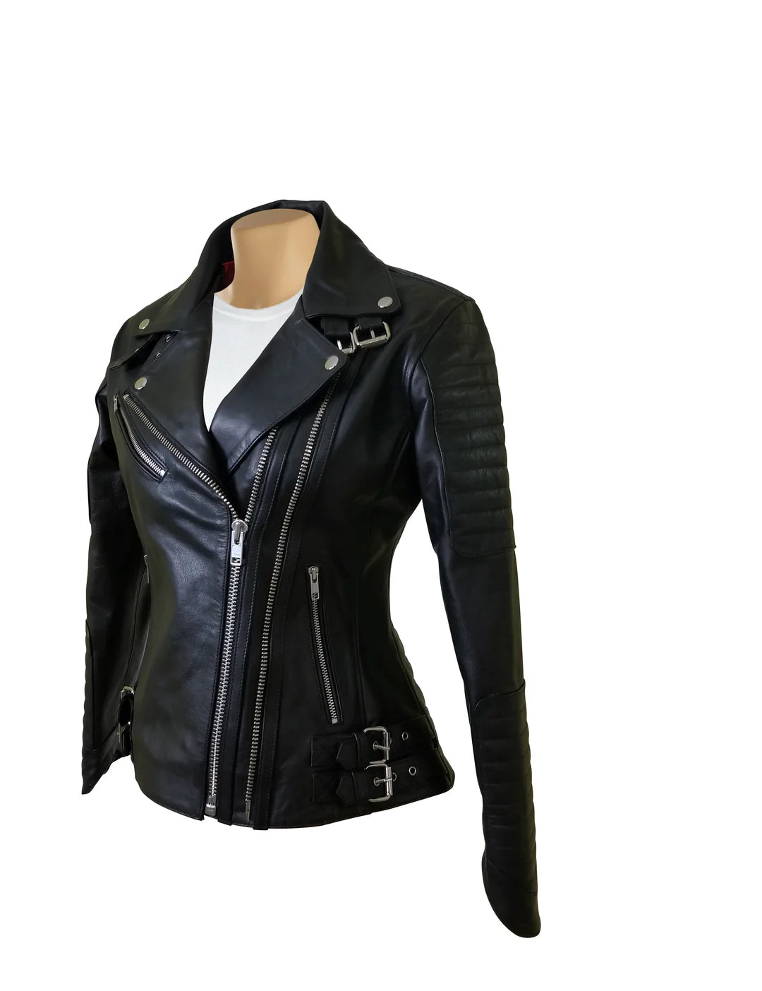 Women’s Double Zipper Leather Jacket with Ribbed Detailing