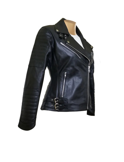 Women’s Double Zipper Leather Jacket with Ribbed Detailing