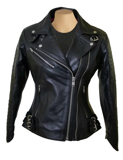 Women’s Double Zipper Leather Jacket with Ribbed Detailing