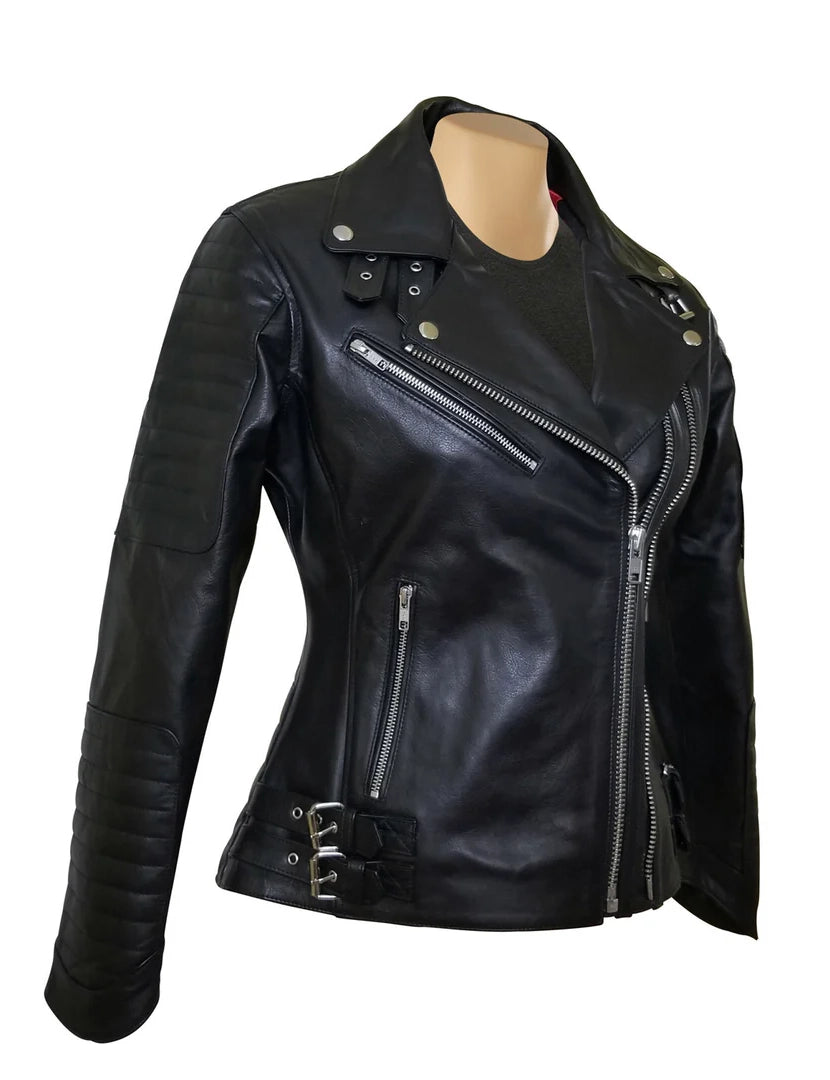 Women’s Double Zipper Leather Jacket with Ribbed Detailing