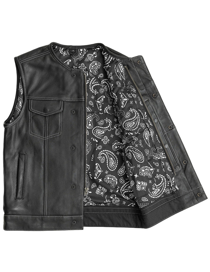 Black leather vest with paisley pattern lining on a white background