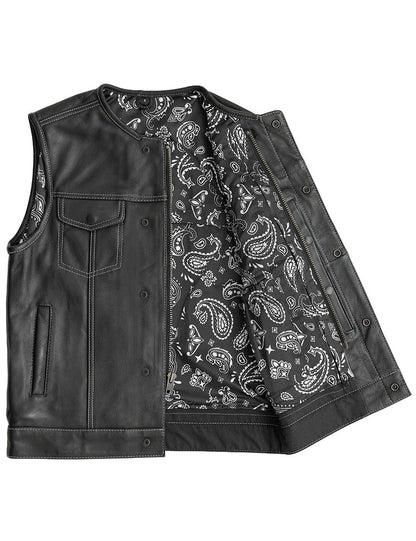 Black leather vest with paisley pattern lining on a white background