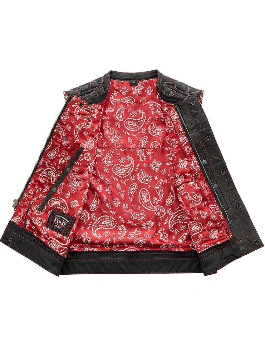Red paisley patterned jacket with black accents on a white background