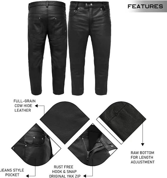 Men’s Leather Motorcycle Pants – Classic 5-Pocket Biker Jeans Style