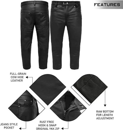 Men’s Leather Motorcycle Pants – Classic 5-Pocket Biker Jeans Style