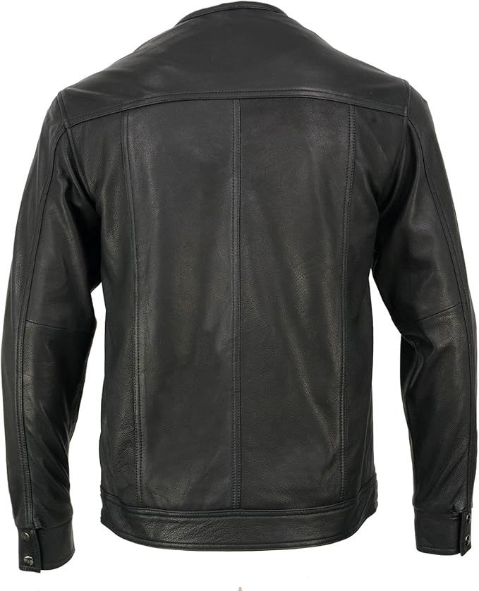 Men’s Black Goat skin Leather Biker Shirt – Collarless Casual Riding Shirt