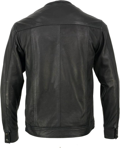 Men’s Black Goat skin Leather Biker Shirt – Collarless Casual Riding Shirt