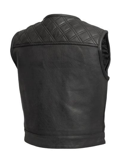 Black leather vest with quilted design on a white background
