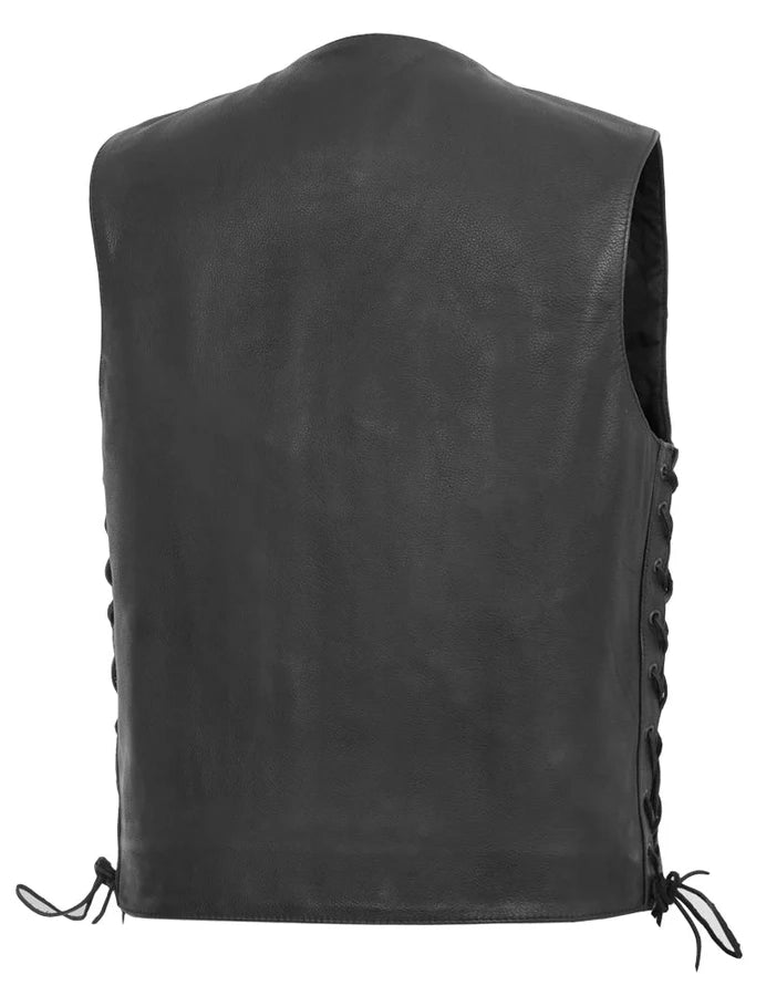Black leather vest with lace-up sides on a white background