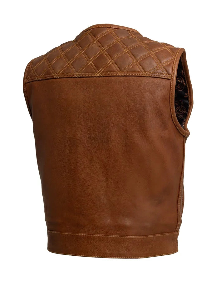 Brown leather vest with quilted back panel on a white background