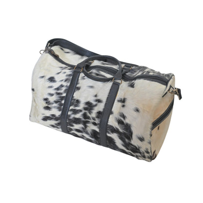 American Style Cowhide Leather Duffle Bag Black White Hair-On Leather Travel Bag Handmade Weekender Bag Gift for Him