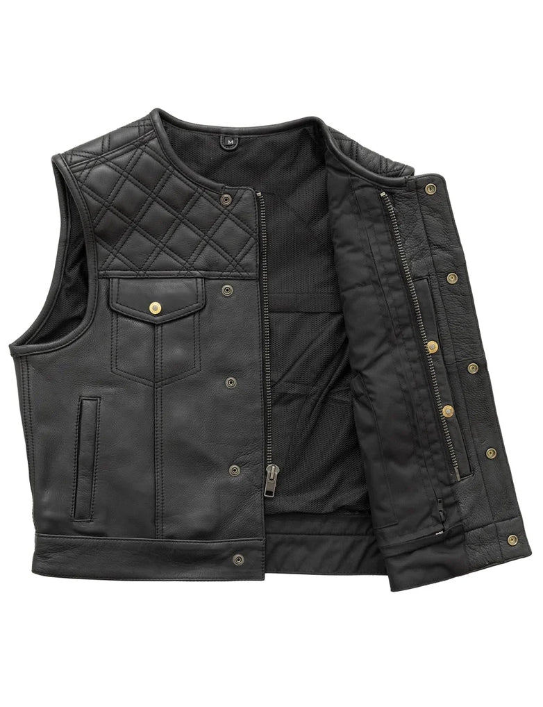 Black leather vest with quilted design on a white background