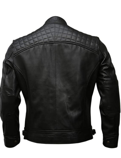 Black leather jacket with quilted shoulder design on a white background