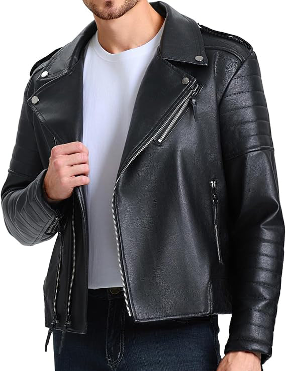 Black leather jacket worn by a person on a white background