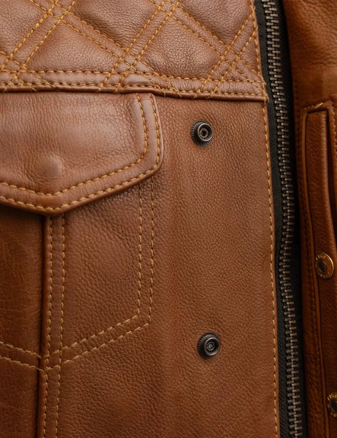 Close-up of a brown leather jacket with stitching details