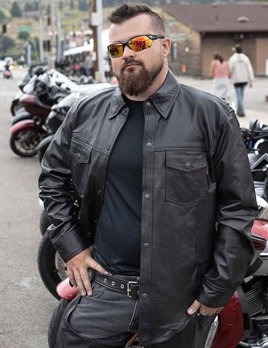 Leather Men’s Black Goatskin Biker Shirt – Dual Closure
