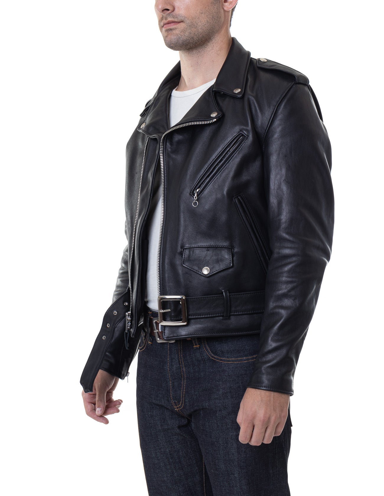 Man wearing a black leather jacket on a white background