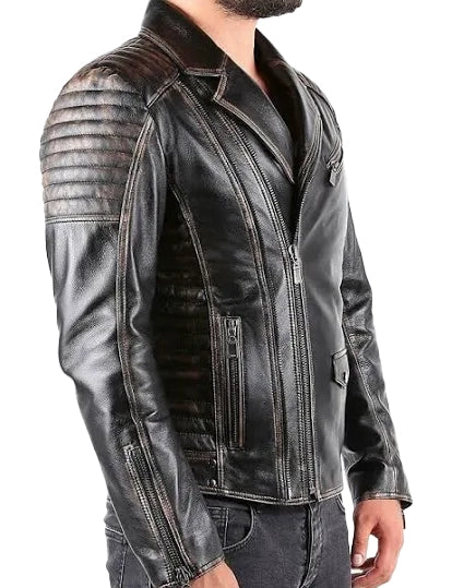 Black leather jacket with distressed details on a white background