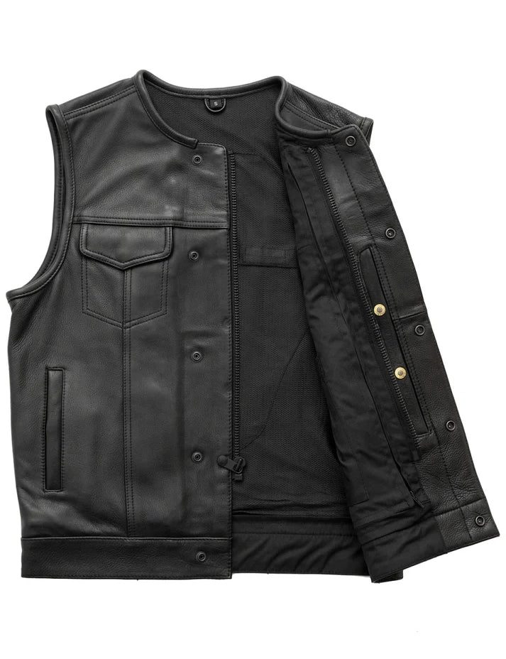 Black leather vest with buttons and zippers on a white background