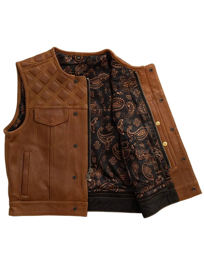 Brown leather vest with quilted design on front and paisley pattern on back on a white background