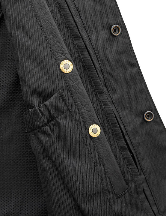 Close-up of a black jacket with gold buttons on a white background