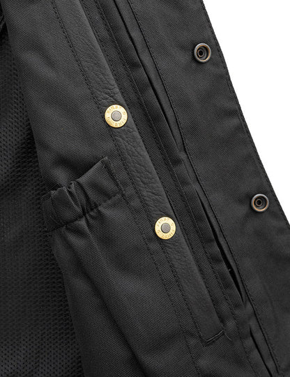 Close-up of a black jacket with gold buttons on a white background