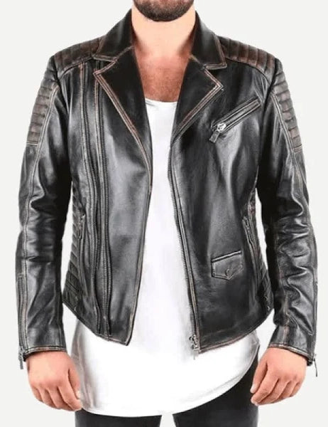 Black leather jacket worn by a person on a white background