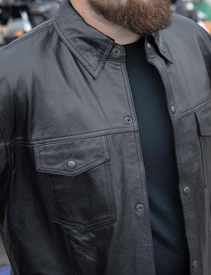 Leather Men’s Black Goatskin Biker Shirt – Dual Closure