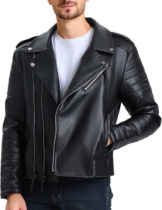 Black leather jacket worn by a person on a white background