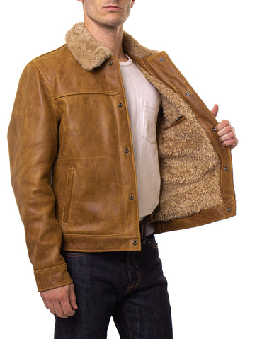 Men’s Buffalo Leather Trucker Jacket with Sheepskin Collar
