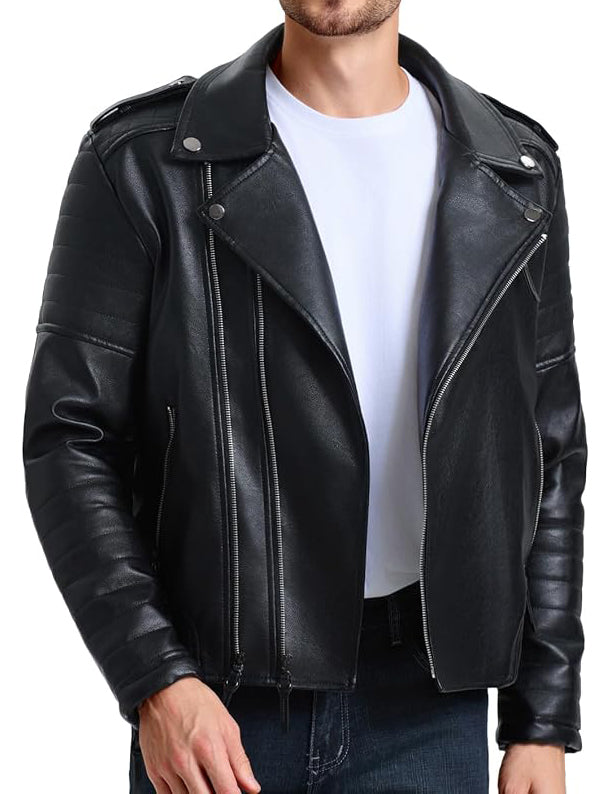 Black leather jacket worn by a person on a white background