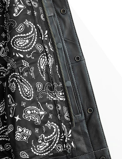 Black leather jacket with white paisley pattern on a white background