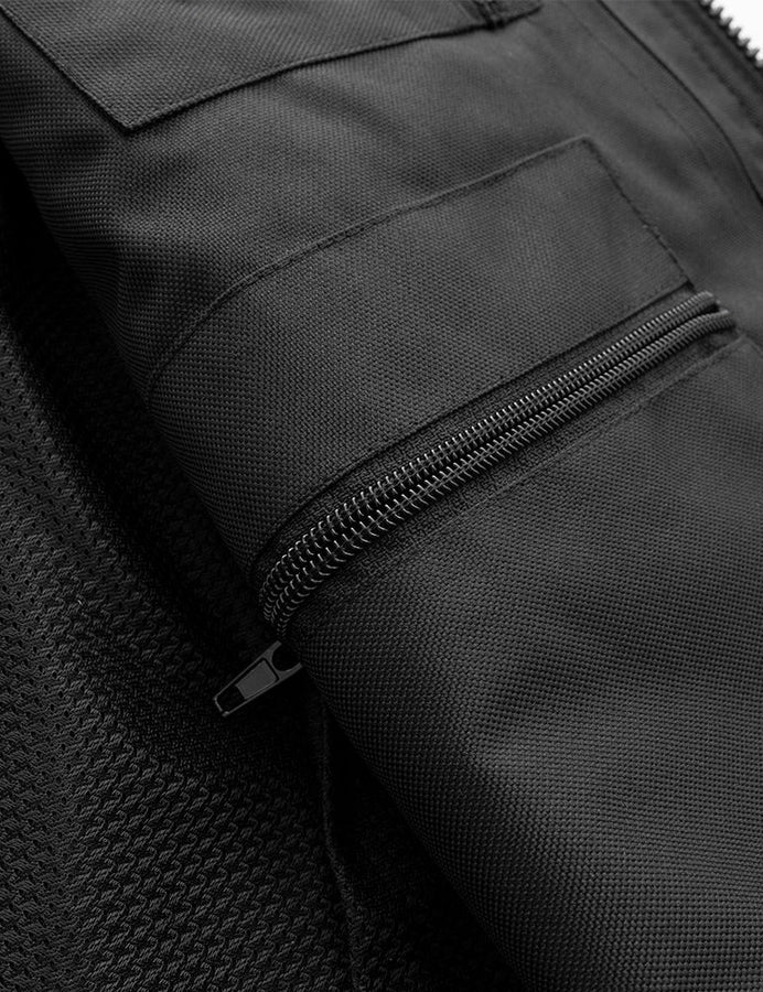 Close-up of a black jacket with a zipper pocket
