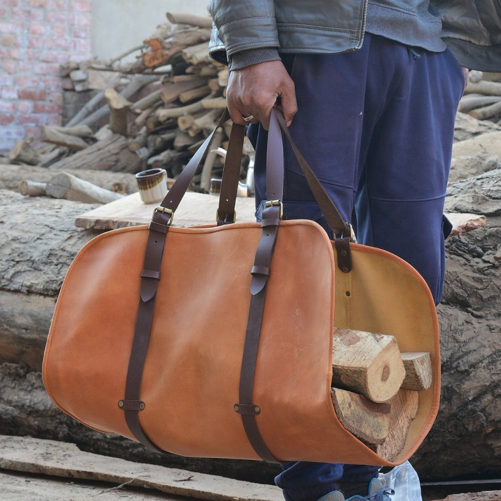 Handmade Leather Firewood Log Carrier, Heavy Duty Wooden Holder with Handles, Rustic Fireplace Log Tote bag, Leathers wooden Carrier